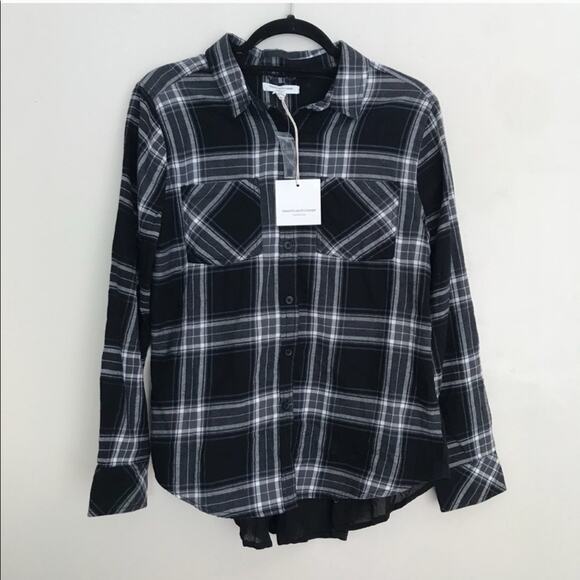 BEACH LUNCH LOUNGE Tartan Plaid Ruffle Peplum Button Down Shirt Top Blouse - Picture 2 of 5